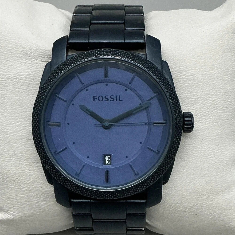 Fossil Machine Mens Watch 42mm Blue Dial Stainless Date FS-4707 New Battery 7.5
